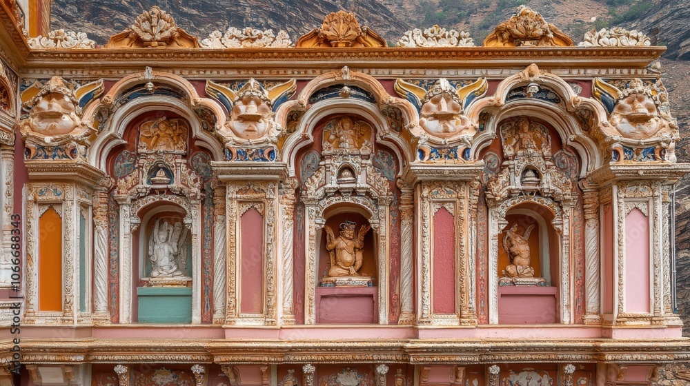 A close-up of the detailed carvings on the walls of the Badrinath Temple, emphasizing the architectural beauty and significance of this sacred site A close-up of the detailed carvings on the walls of the Badrinath Temple, emphasizing the architectural beauty and significance of this sacred site