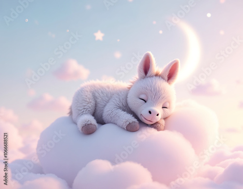 Adorable animals sleeping on fluffy clouds, dreaming in a soft, serene sky