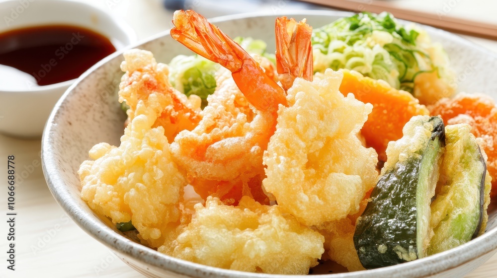 Japanese cuisine, Tempura Shrimps tempura on rice bowl Japanese cuisine, Tempura Shrimps tempura on rice bowl