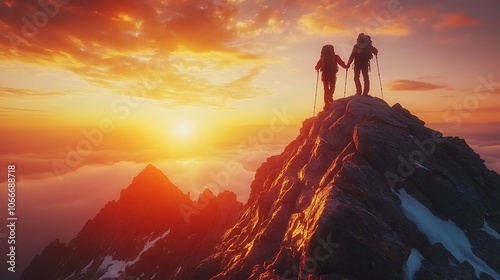 Two hikers helping each other reach the top mountain