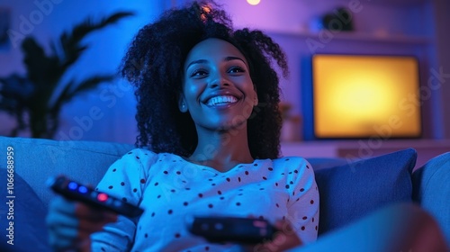 A Young Woman Smiles as She Relaxing on a Couch Watching Television