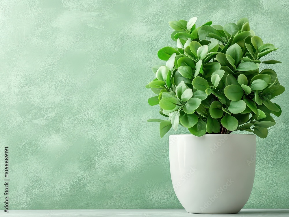 Green Plant in a White Pot Against a Green Wall. Green Plant in a White Pot Against a Green Wall.