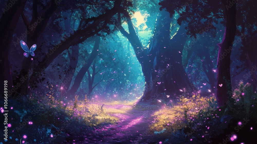 Magical forest. Fairy forest. Flat illustration of fairytale forest.