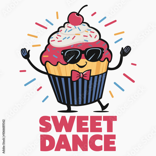 Cute Dancing Cupcake Cartoon with Sunglasses and Cherry Topping - T-Shirt Print Design