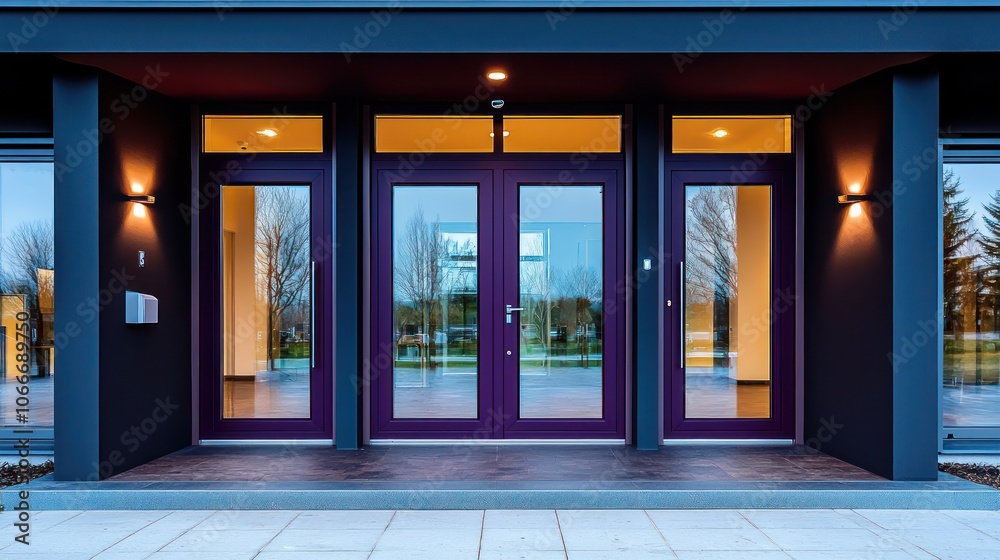 Modern home entrance with dark purple double doors and glass panels. Modern home entrance with dark purple double doors and glass panels.