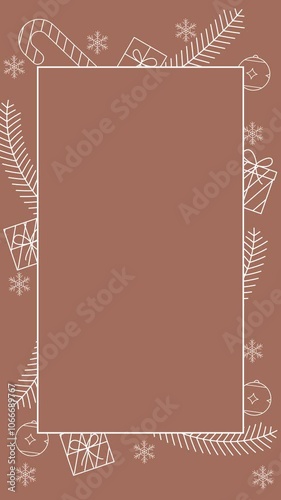 Minimalist boho Christmas animated frame portrait with christmas tree, christmas ball, gift, branch and brown background