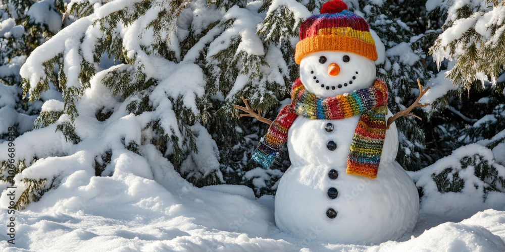 Fototapeta premium A fluffy snowman wearing a colorful scarf and hat, standing in a winter wonderland filled with snow-covered trees