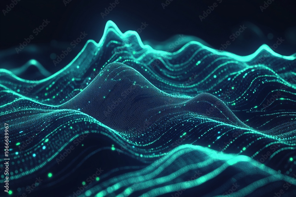 Fototapeta premium Abstract Digital Landscape: Glowing Particles and Waveforms in 3D