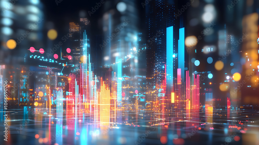 3D render of investment growth metrics with vibrant city lights 3D render of investment growth metrics with vibrant city lights