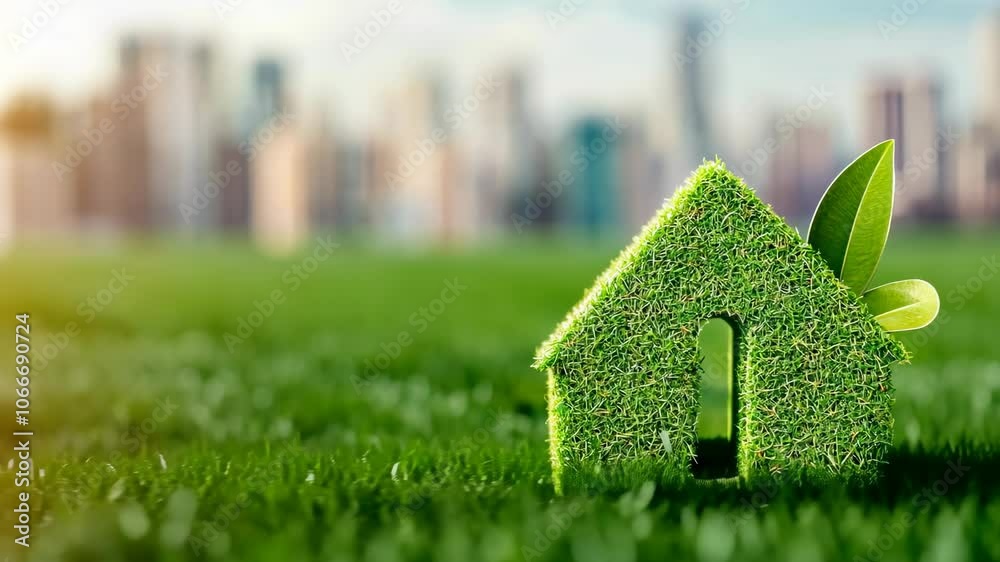 A green grass house sits in a field with a blurry city in the background
