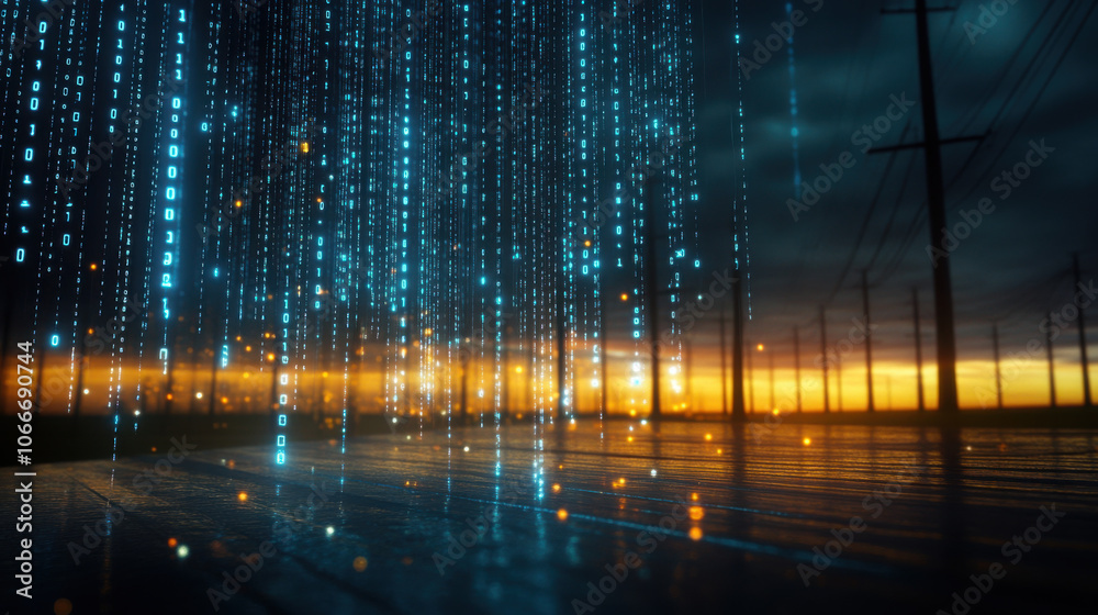 digital landscape with binary code raining down, power lines ...