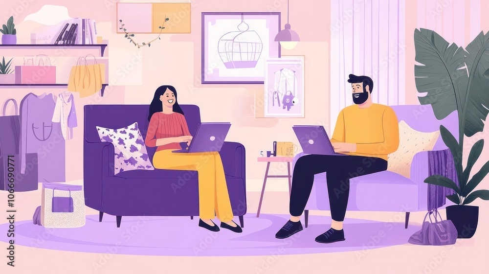 Two People Sitting on Couches Using Laptops in a Room Two People Sitting on Couches Using Laptops in a Room