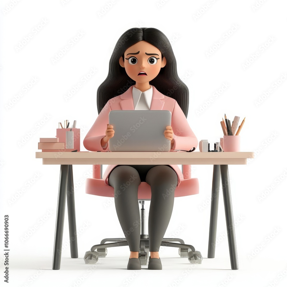 Woman worried at desk with tablet. Woman worried at desk with tablet.