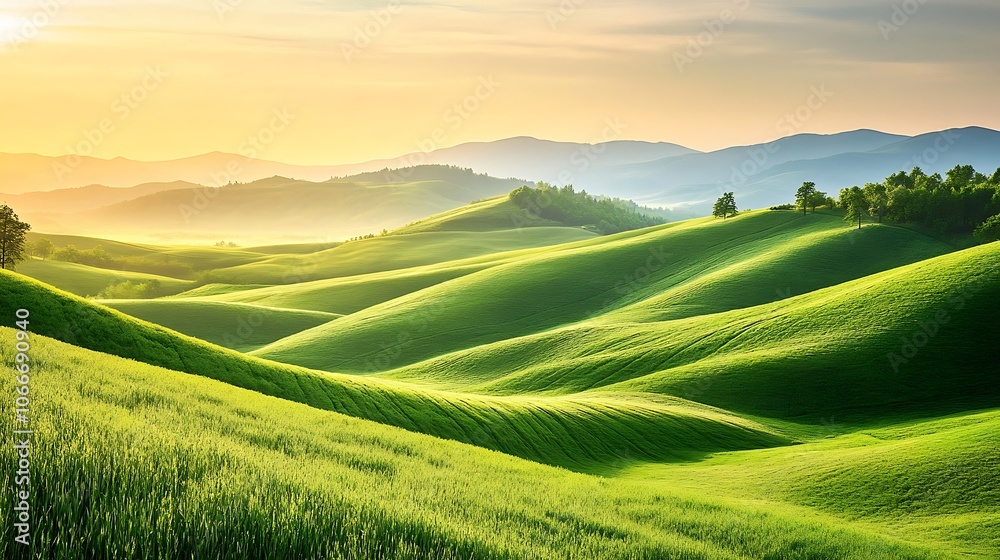 Obraz premium Rolling Green Hills at Sunrise with Distant Mountain Range