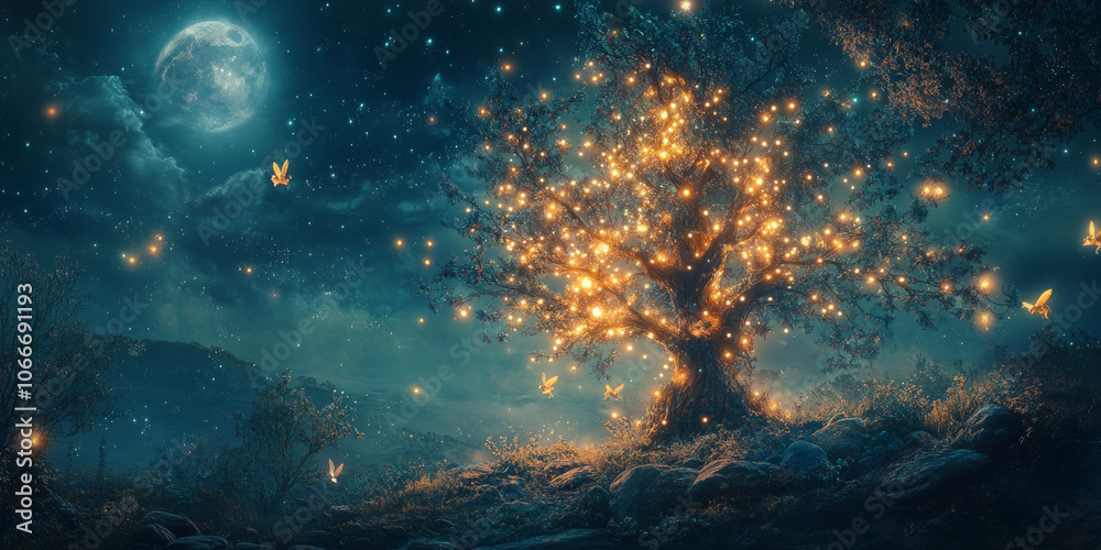Fototapeta premium A magical Christmas tree glowing in the moonlight, with fairies and twinkling lights adding to the enchantment