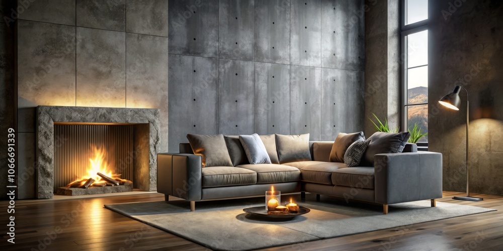 Cozy Low Light Interior with Gray Velour Sofa and Artificial Fireplace in a Dark Loft Room Featuring Concrete Walls and Ambient Lighting for Relaxation and Comfort Cozy Low Light Interior with Gray Velour Sofa and Artificial Fireplace in a Dark Loft Room Featuring Concrete Walls and Ambient Lighting for Relaxation and Comfort