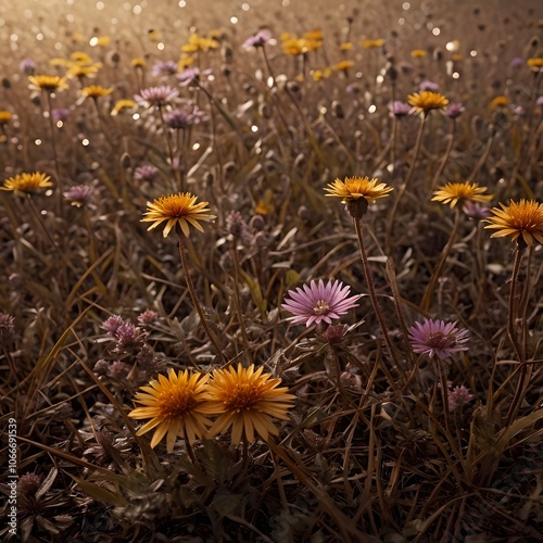a field of purple and yellow flowers