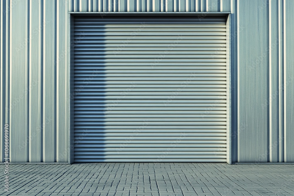 Fototapeta premium Industrial Building with Closed Metal Garage Door - Architectural Photography
