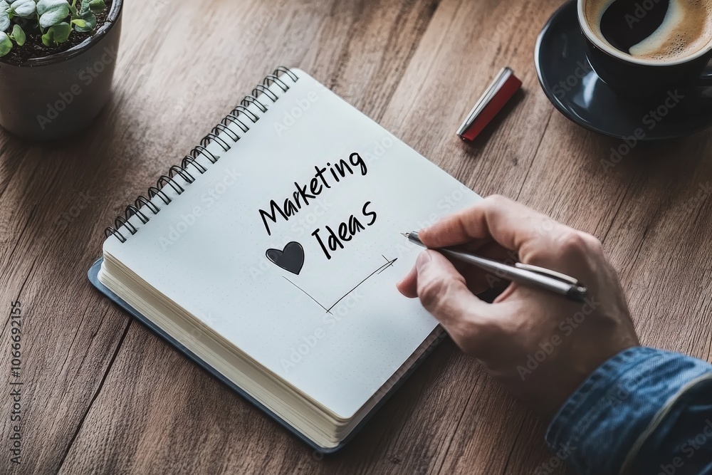 Handwriting Marketing Ideas in Notebook with Creative Sketches and Coffee Cup in Cozy Workspace Handwriting Marketing Ideas in Notebook with Creative Sketches and Coffee Cup in Cozy Workspace