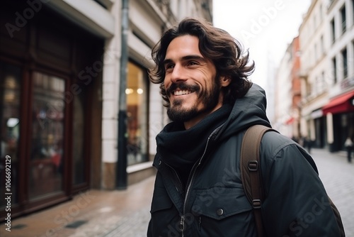 Portrait of a handsome young man with long curly hair and beard smiling in the city.