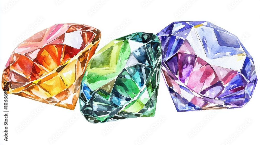 A vibrant illustration of three colorful gemstones, showcasing their facets and brilliance. A vibrant illustration of three colorful gemstones, showcasing their facets and brilliance.