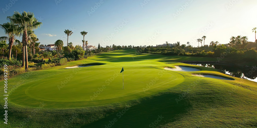 Fototapeta premium A tranquil golf course with a beautifully manicured green and a flag in the distance, ideal for promoting relaxation