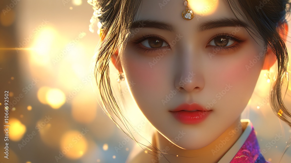 Captivating close-up of a woman in a vibrant hanbok, her face softly lit by golden light, showing a calm and graceful expression. Background subtly blurred with hints of Korean palace architecture, Captivating close-up of a woman in a vibrant hanbok, her face softly lit by golden light, showing a calm and graceful expression. Background subtly blurred with hints of Korean palace architecture,