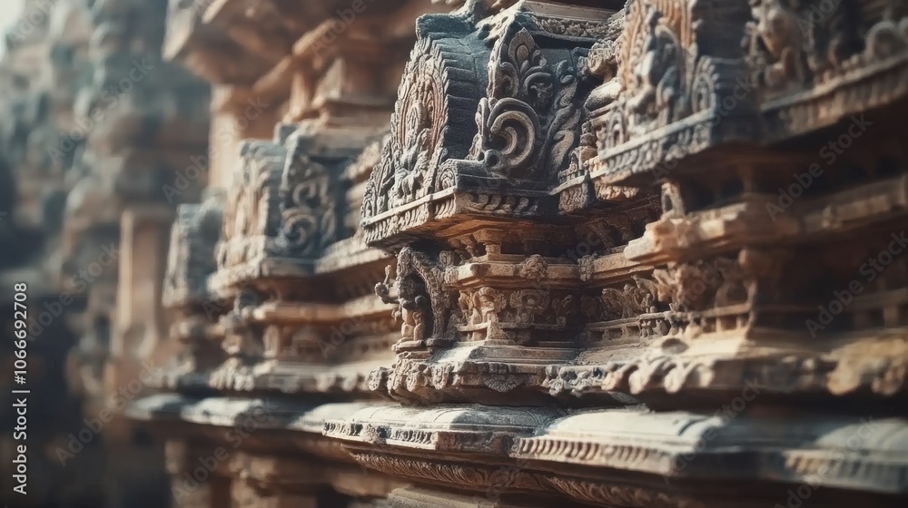 Fototapeta premium A close-up of the ornate carvings on the walls of the Lingaraj Temple, emphasizing the intricate details and architectural mastery of the Kalinga style