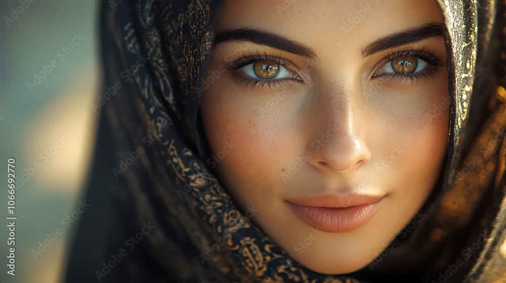 Captivating close-up of a woman wearing a hijab, her soulful eyes meeting the camera and a gentle smile accentuated by warm light. Background subtly blurred for emphasis, hd quality, natural tones,