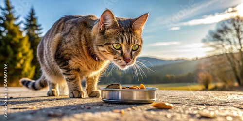 Curious Cat Inspecting an Open Can of Cat Food on the Floor in Svaty Jur, Slovakia - Captured in a Natural Landscape Setting on December 17, 2023 photo