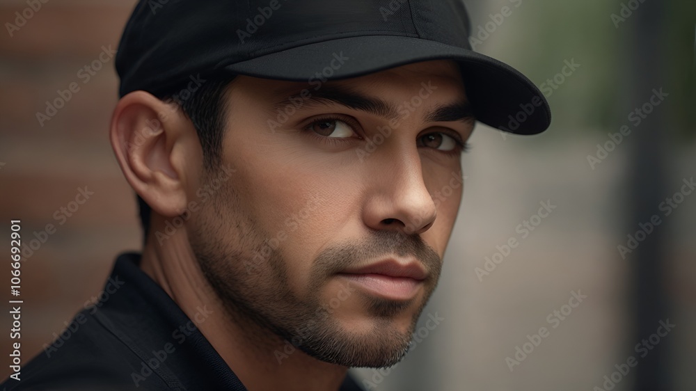 Man in black cap with light stubble and confident gaze, captured in outdoor portrait. Man in black cap with light stubble and confident gaze, captured in outdoor portrait.
