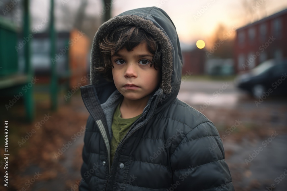 Portrait of a boy in a jacket on the street at sunset Portrait of a boy in a jacket on the street at sunset