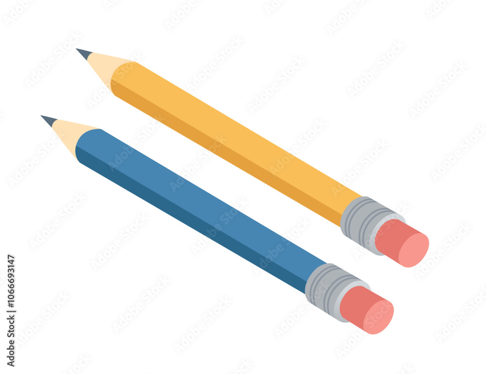 Two isometric pencils in yellow and blue with erasers, writing, creativity, and education. Suitable for office, school, and artistic visuals. Vector illustration isolated on white