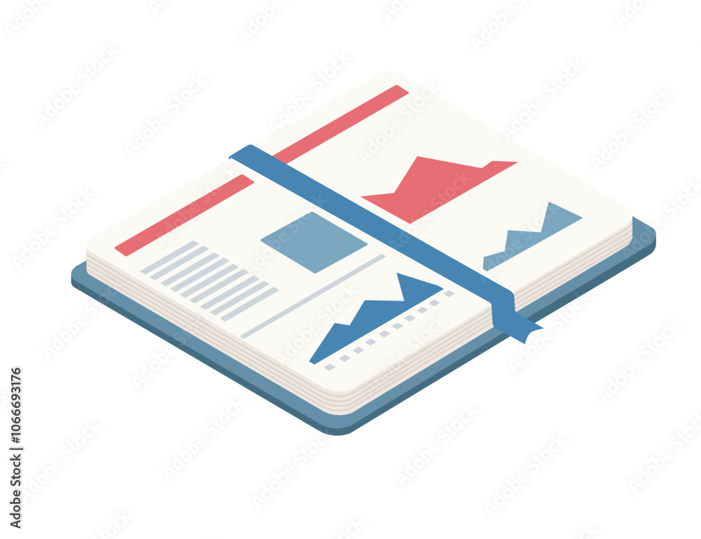 Isometric notebook with a blue ribbon bookmark and graph elements, research, information, and project management. Great for business and organizational visuals. Vector illustration isolated on white Isometric notebook with a blue ribbon bookmark and graph elements, research, information, and project management. Great for business and organizational visuals. Vector illustration isolated on white