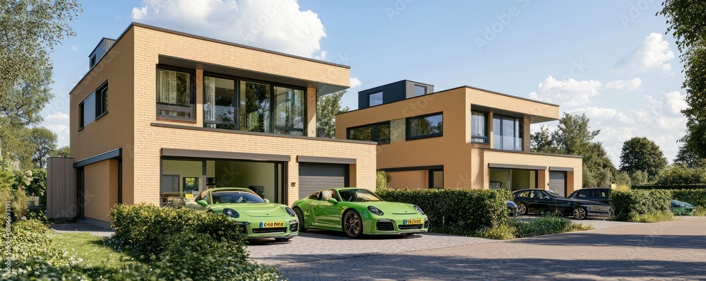 Fototapeta premium Dutch neighborhood, beige brick homes with green cars, sunny open atmosphere.