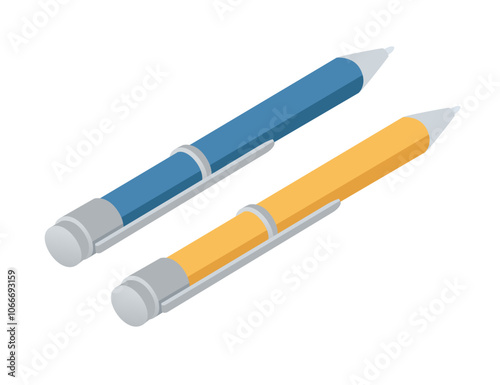 Isometric pens in blue and yellow with metallic details, creativity and productivity. Perfect for educational, artistic, and office-related visuals. Vector illustration isolated on white background