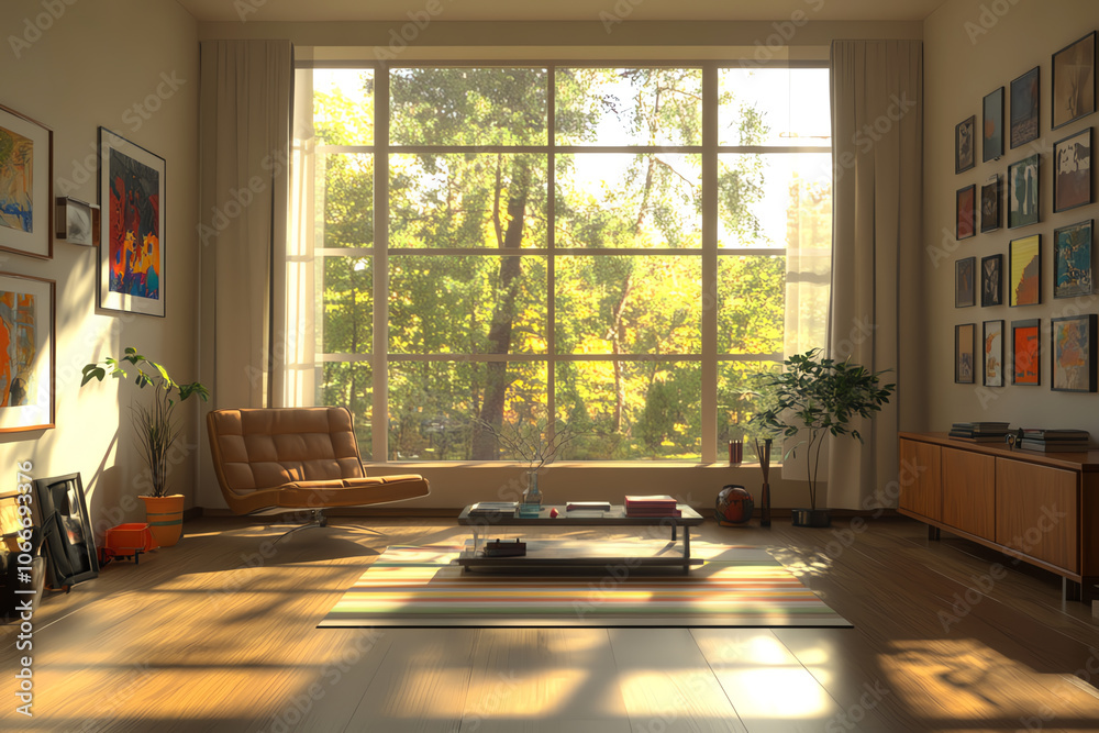 Midcentury modern eclectic room, large window with soft sunlight, natural wood tones, colorful accents, highquality 3D render Midcentury modern eclectic room, large window with soft sunlight, natural wood tones, colorful accents, highquality 3D render