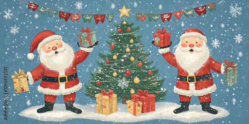 Two cartoon Santa Clauses with gift boxes around a decorated Xmas tree on a Merry Christmas banner, with snowflakes on a festive blue background