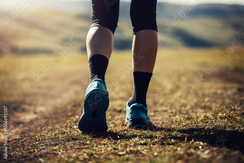 Fitness woman legs walking on high altitude grassland mountain road photo