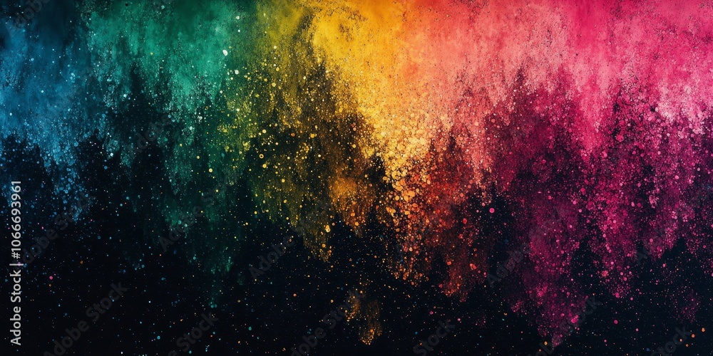 Fototapeta premium Grainy noisy background, abstract color gradient shape, vibrant glowing rainbow yellow green pink blue black noise texture banner design, Generative AI