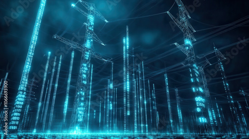 digital representation of electric substation with glowing towers and binary code, creating futuristic atmosphere