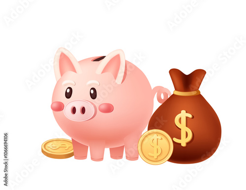 Piggy bank with brown money bag and coins, symbolizing savings, budgeting, and financial planning. Suitable for personal finance, banking, and investment themes. Vector illustration isolated on white