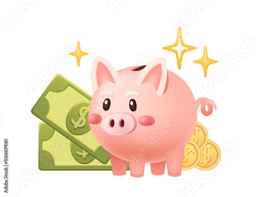 Cute piggy bank with dollar bills and coins, surrounded by sparkles, symbolizing savings, financial growth, and budgeting. Perfect for finance, banking, and investment visuals. Vector illustration