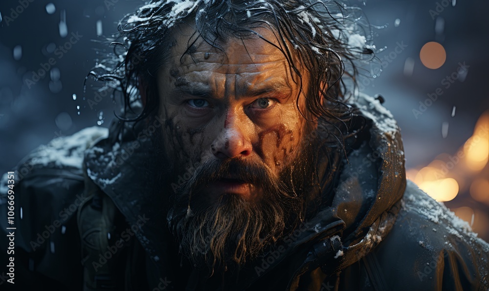 Man With Long Hair and Beard in Snow Man With Long Hair and Beard in Snow