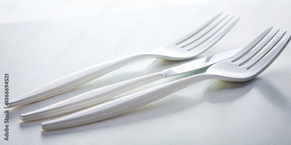 Elegant Arrangement of Two Fancy White Plastic Forks and One Knife on a High Key White Background for Culinary and Event Planning Stock Photography Elegant Arrangement of Two Fancy White Plastic Forks and One Knife on a High Key White Background for Culinary and Event Planning Stock Photography