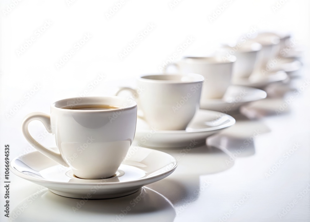 Elegant Arrangement of White Coffee Cups with Saucers Isolated on a White Background - Perfect for Minimalist Designs and Culinary Themes Elegant Arrangement of White Coffee Cups with Saucers Isolated on a White Background - Perfect for Minimalist Designs and Culinary Themes