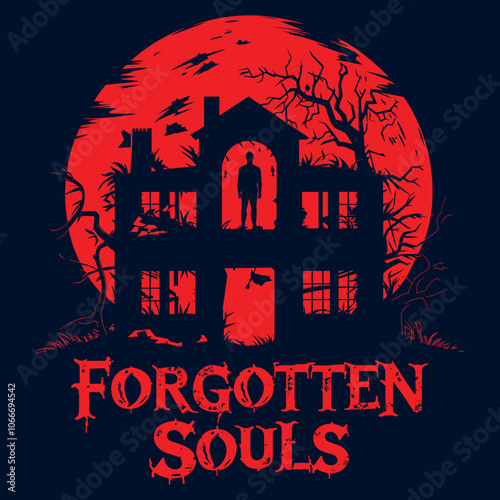 Eerie Haunted House Silhouette with Red Moon and Dark Figures - T-Shirt Print Design photo