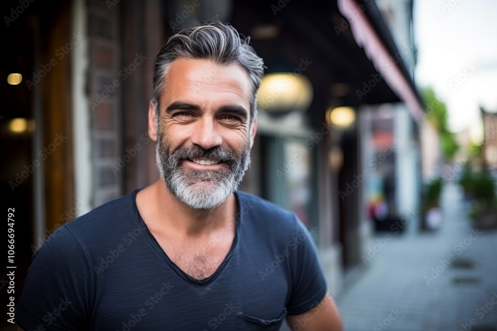 Portrait of handsome mature man with beard and mustache in city. Portrait of handsome mature man with beard and mustache in city.