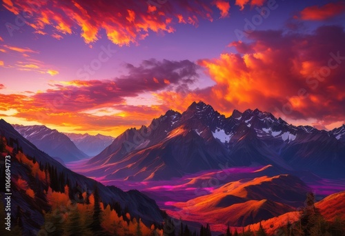 breathtaking sunrise over majestic mountain panorama vibrant hues displaying splendor beauty, landscape, horizon, sky, clouds, light, colors, morning