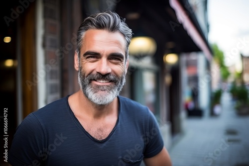 Portrait of handsome mature man with beard and mustache in city.